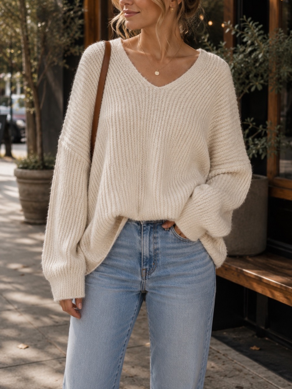 Altar'd State Sweater Cream V-Neck Oversized Slouchy Size Medium